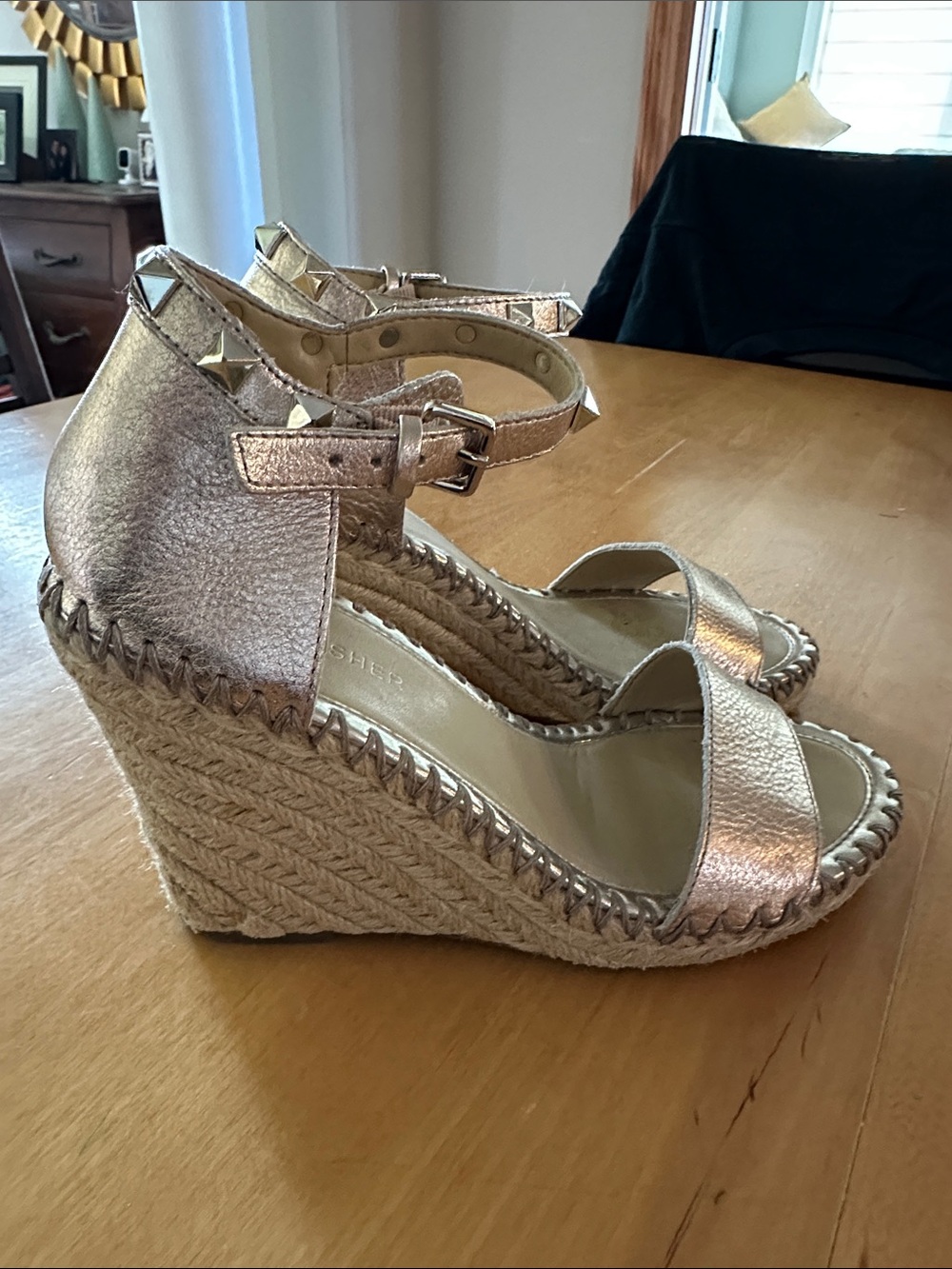 Marc Fisher Metallic Rose Gold Espadrille Wedge Sandals with Studded Ankle Strap